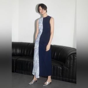 Nomia navy blue marbled panel sleeveless maxi dress, size 6